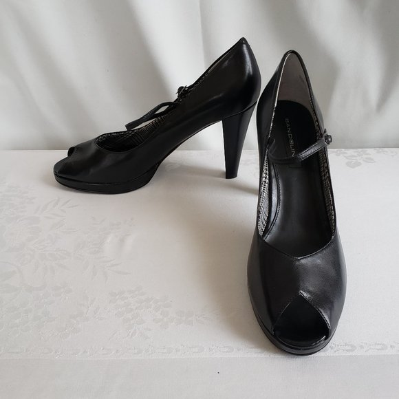 New BANDOLINO Black leather platform peep toe Mary Jane strap pumps Plaid lining - Picture 3 of 10